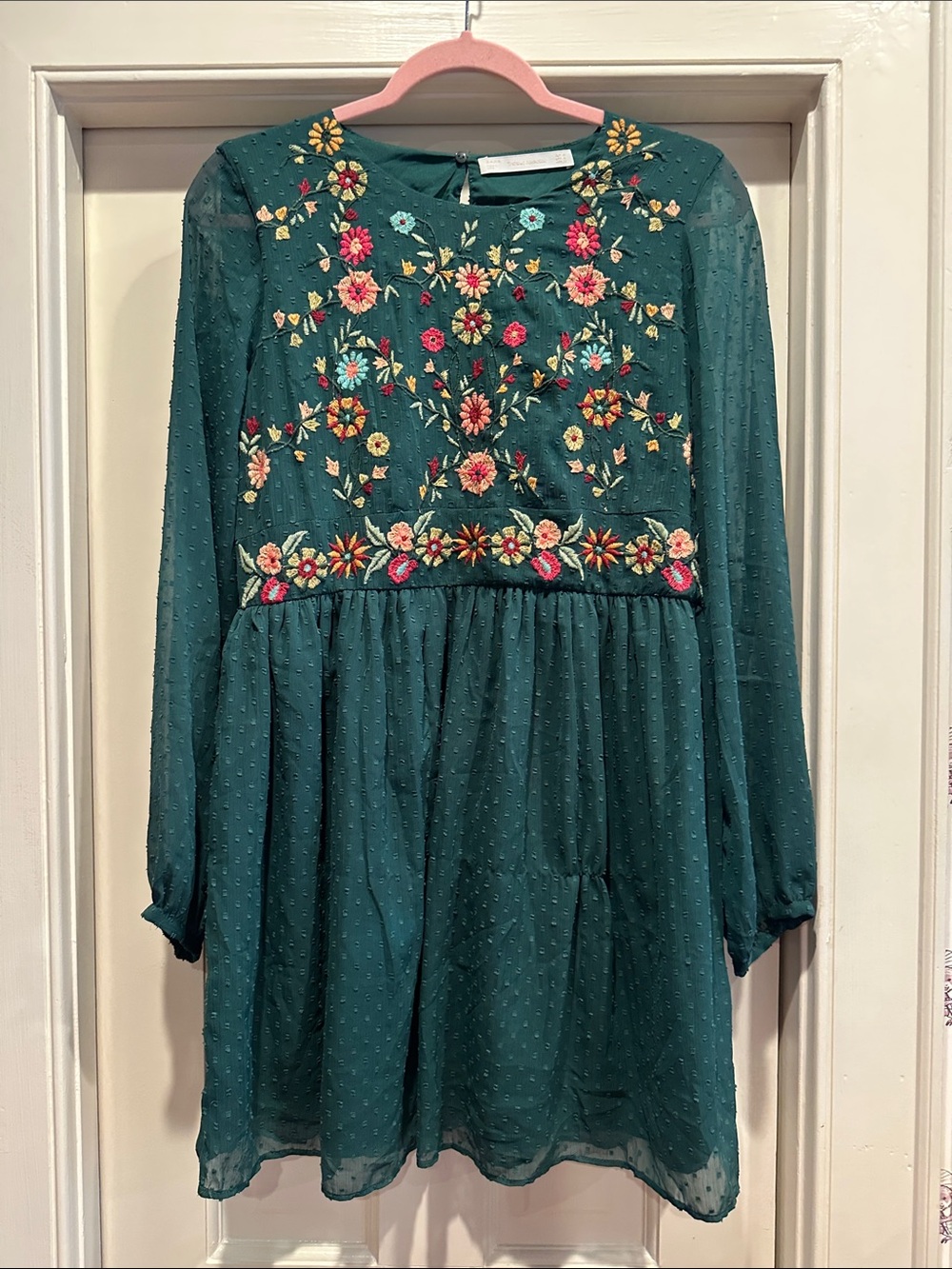 Zara Teal Floral Embroidered Long-Sleeve Dress